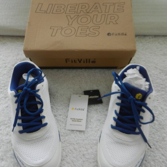FitVille Amadeus Men's sneakers, size 9 wide, white w/blue trim. - Picture 2 of 5